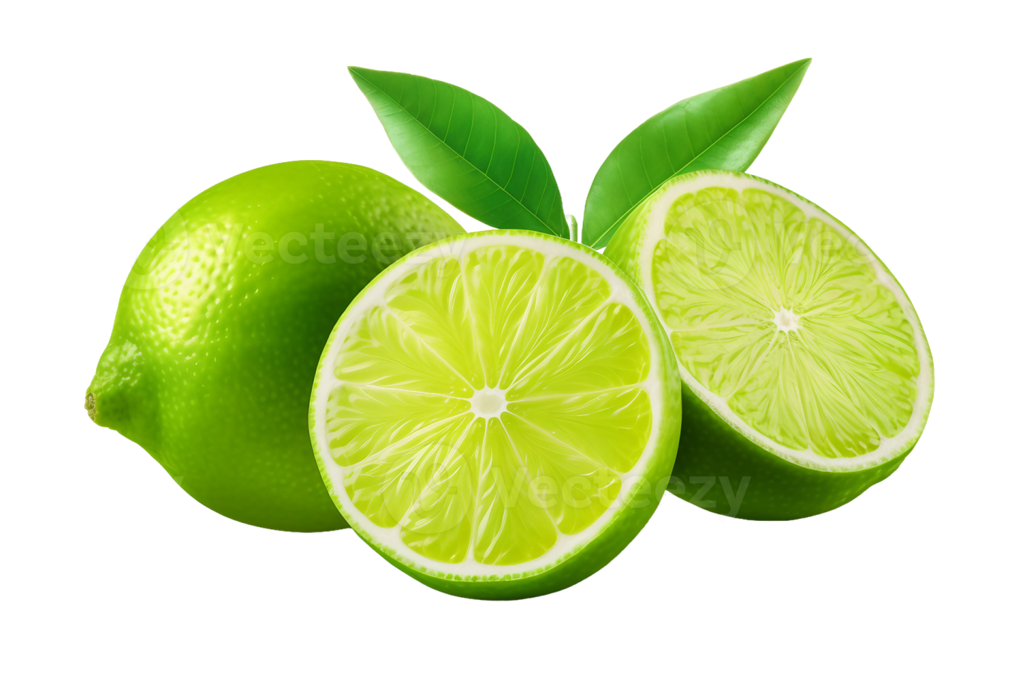 two limes with leaves on white background
