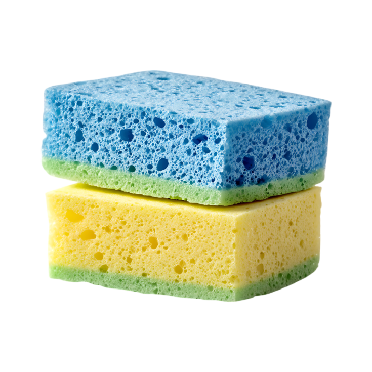 three different colored sponges on white background