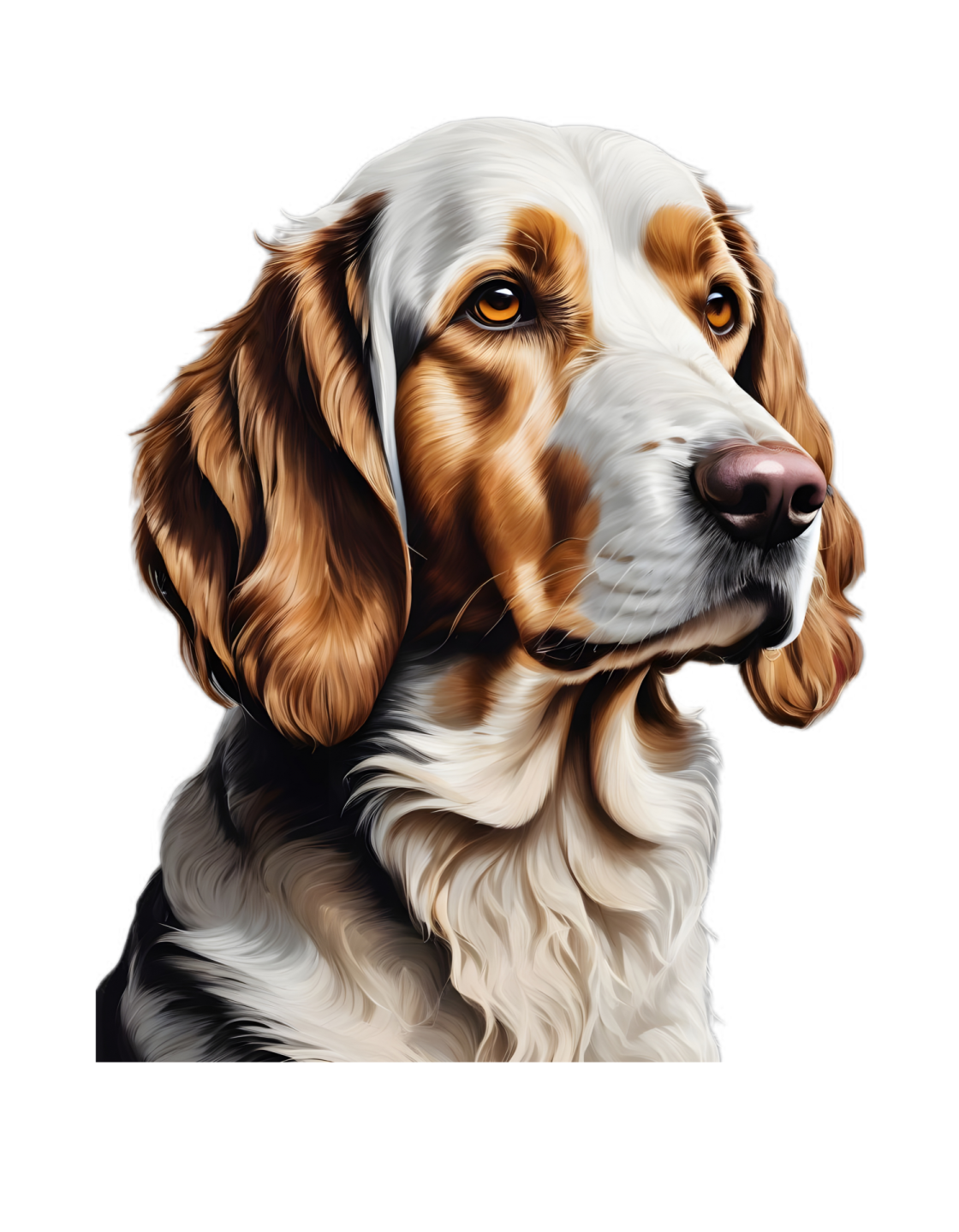 a painting of a brown and white dog