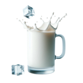 a glass of milk with ice on the side