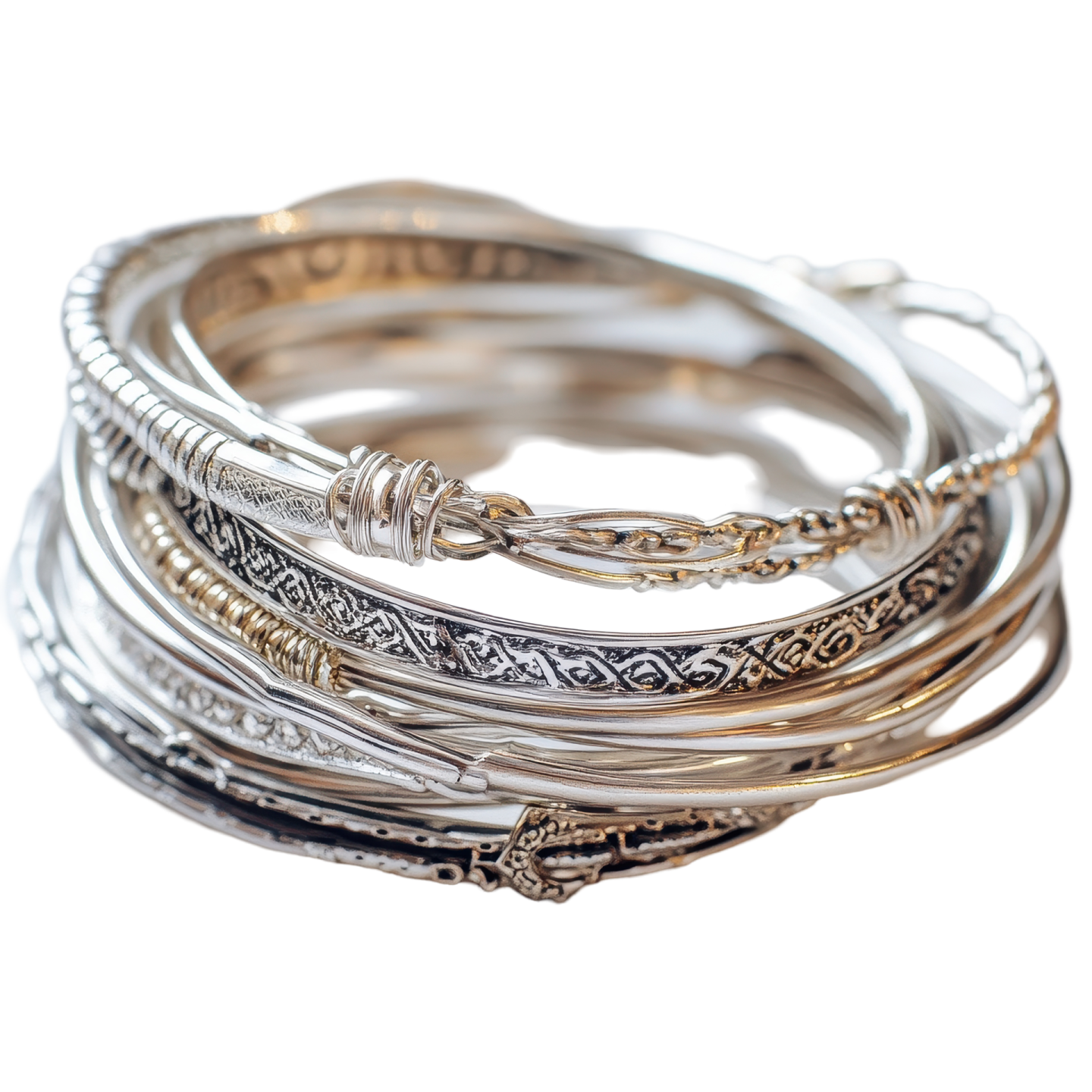 a stack of silver and gold bang bracelets