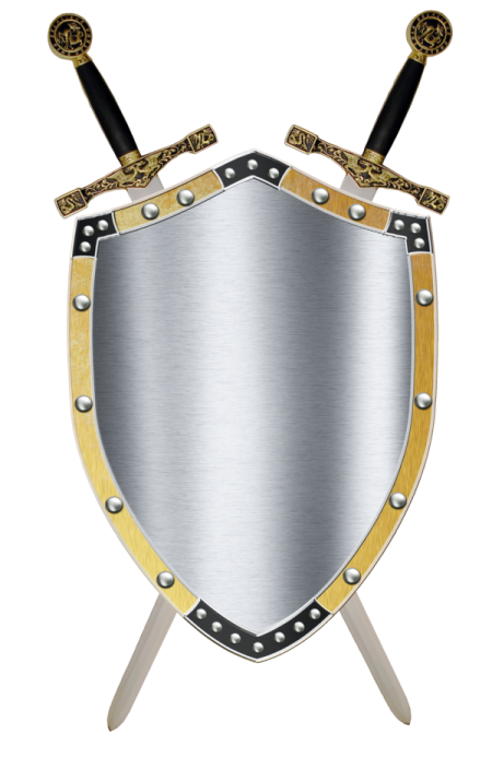 a silver and gold shield with two swords