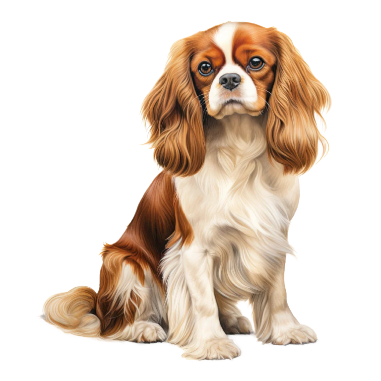 a brown and white dog sitting on a white background