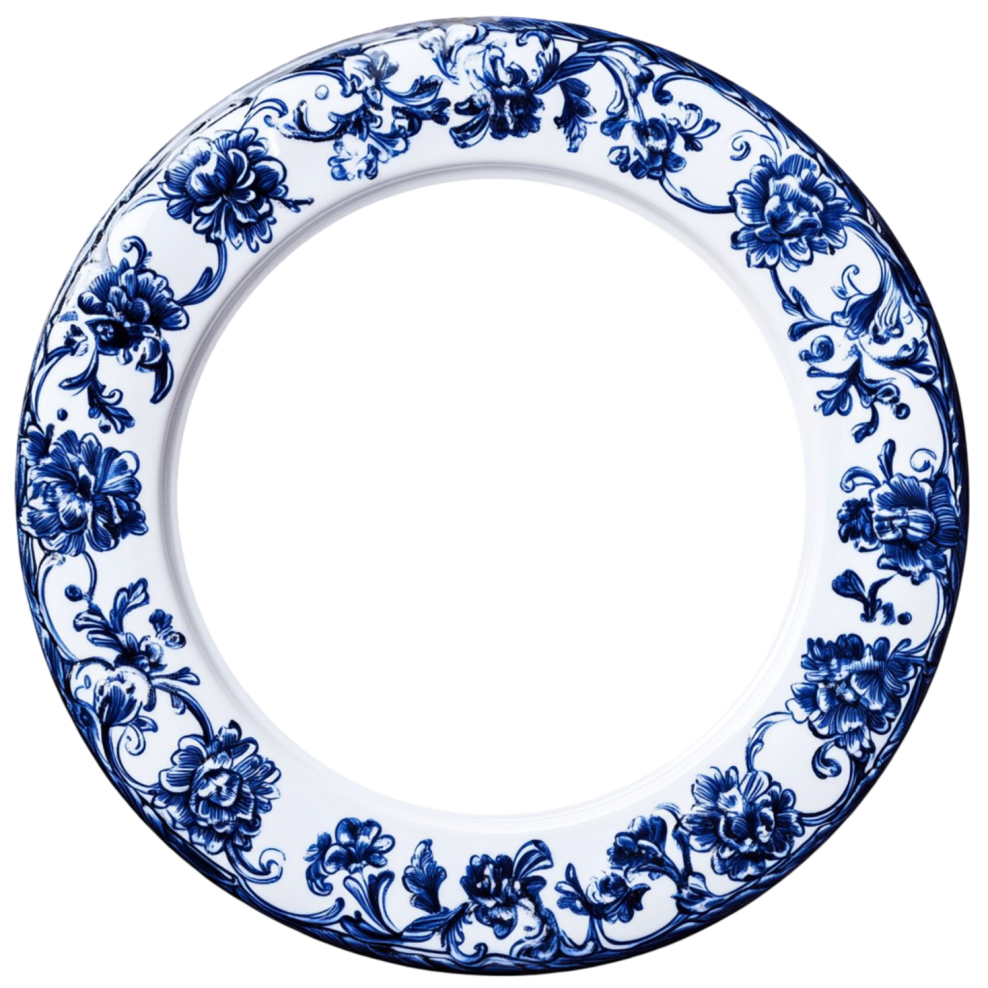 a blue and white plate with flowers on it
