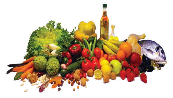 a pile of fruits and vegetables on a white background