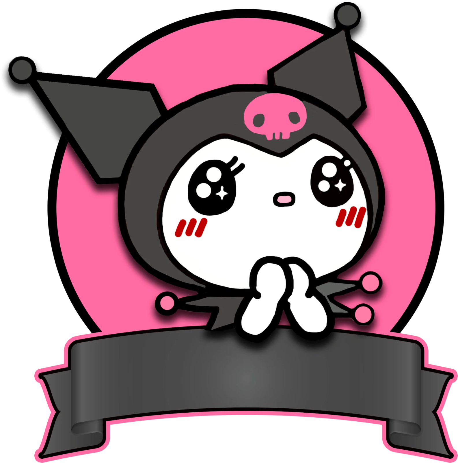 a black and white cartoon character with a pink background