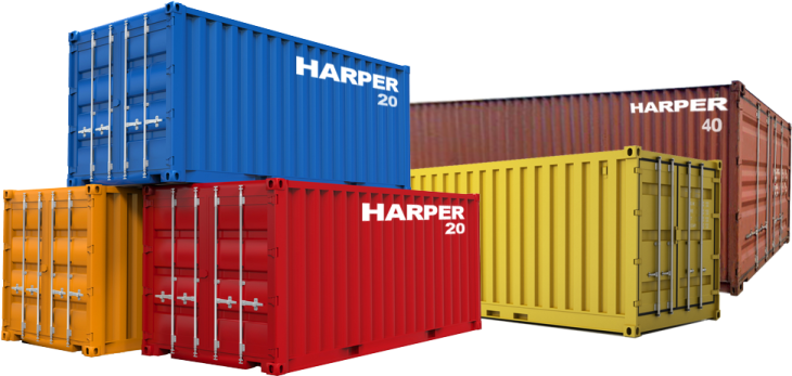 three different colored shipping containers