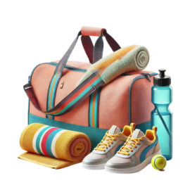 a pair of shoes, towel and water bottle on a white background