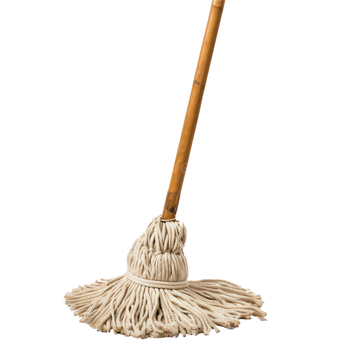 a white mop with a wooden handle