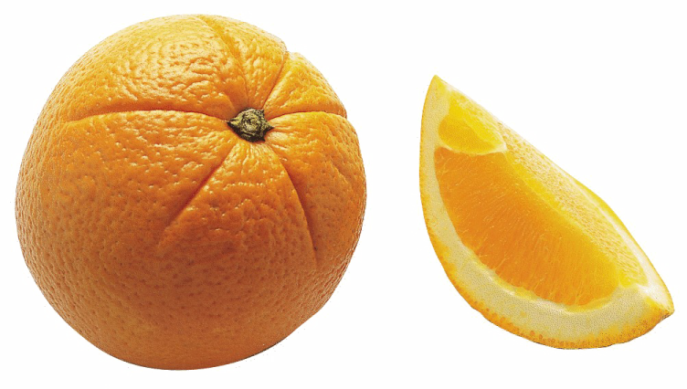 an orange with a slice cut in half