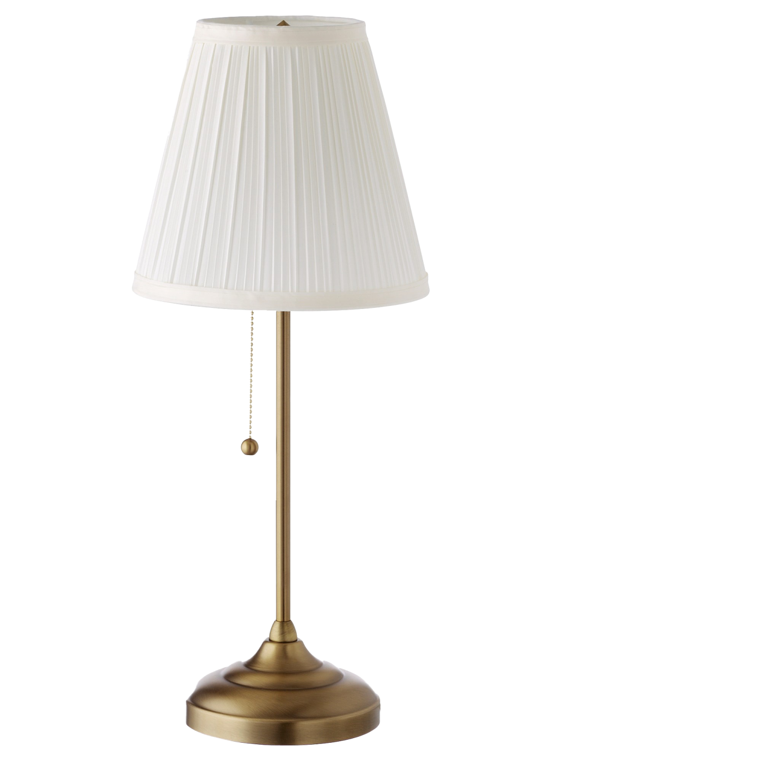 a brass table lamp with a white shade