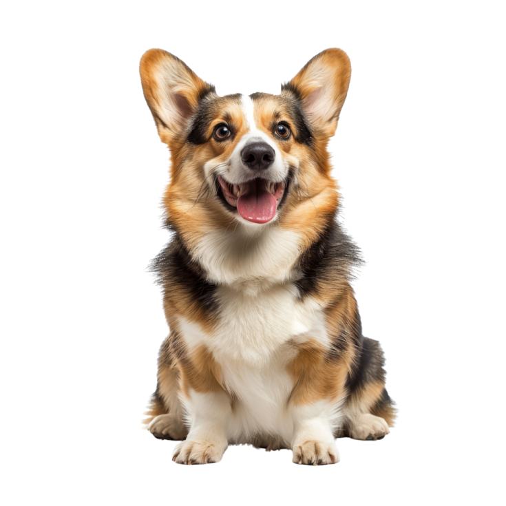 a brown and white dog with its tongue out