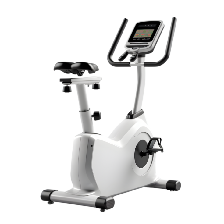 a white exercise bike with a tablet on it