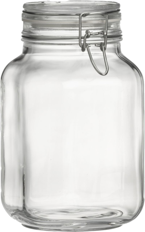 a clear glass jar with a metal clip