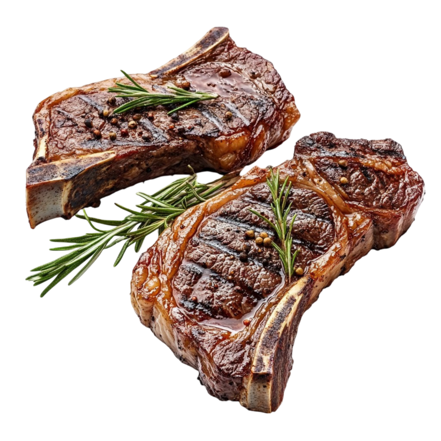 two steaks with rosemary on a white background