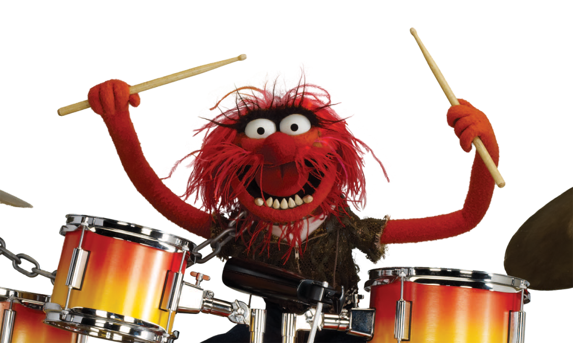 a red muppet playing drums