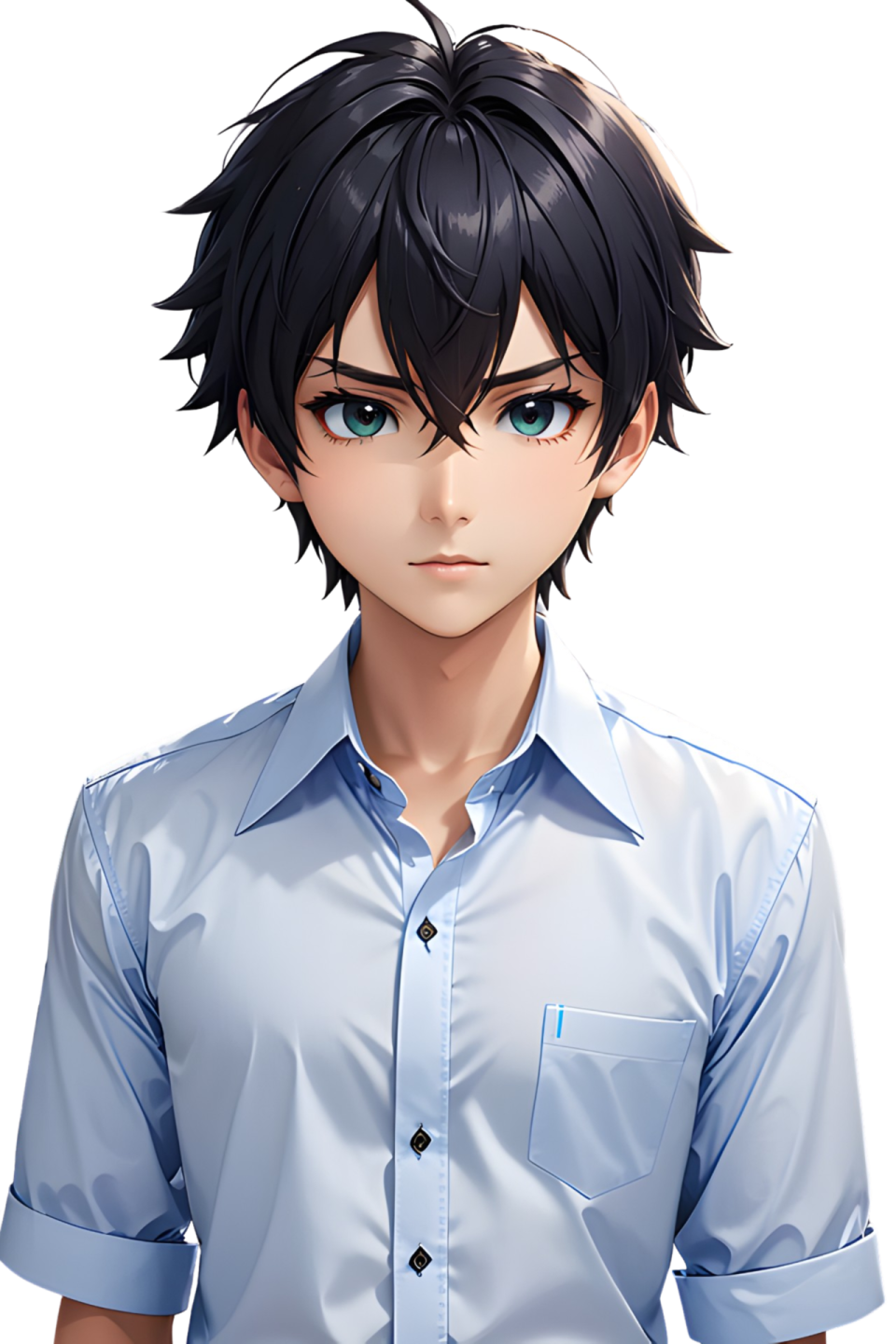 a man in a blue shirt and black hair