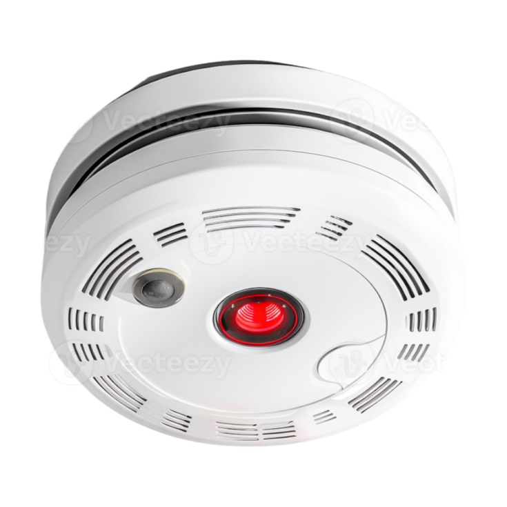 a white smoke detector with red light