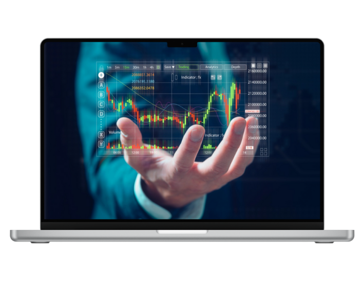 a laptop with an image of a stock market on the screen
