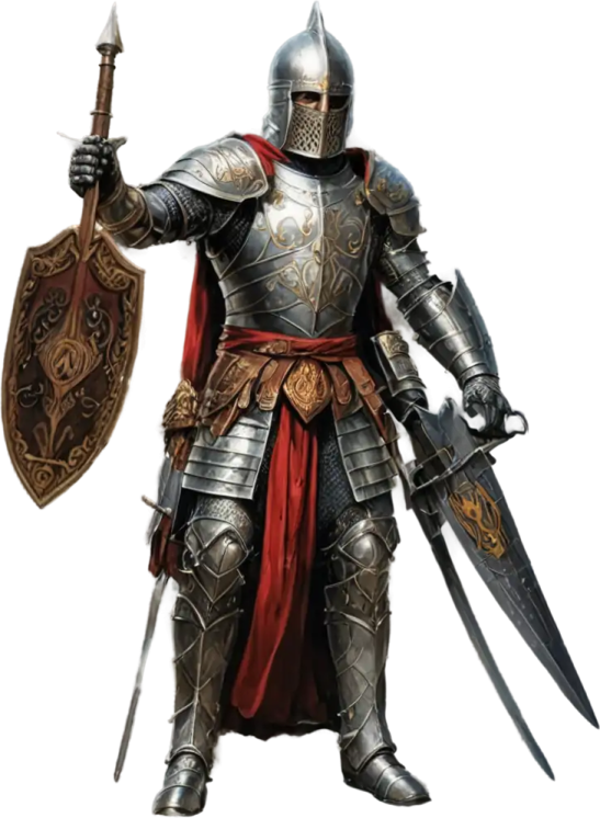 a man in armor holding a sword and shield