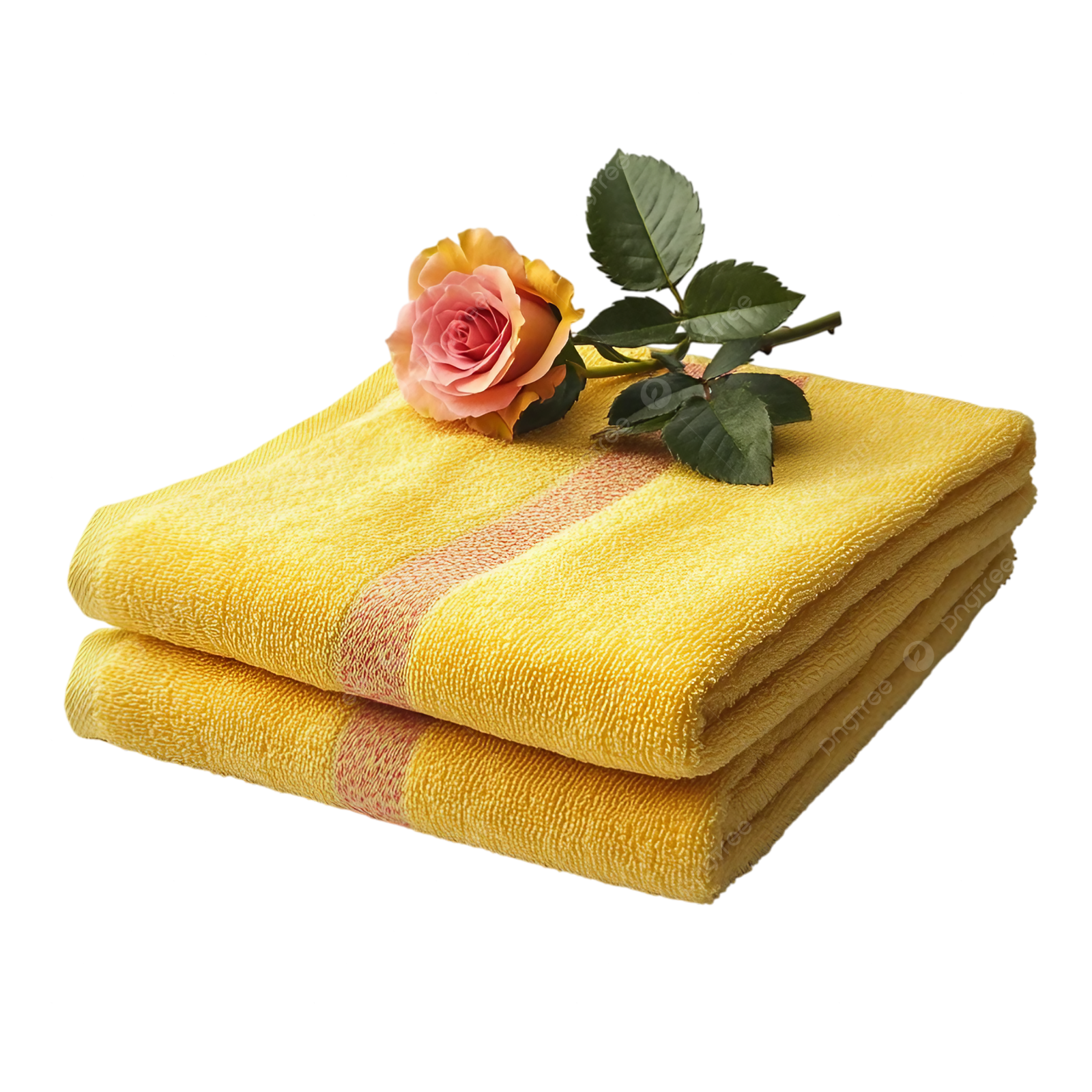 two yellow towels with a rose on top