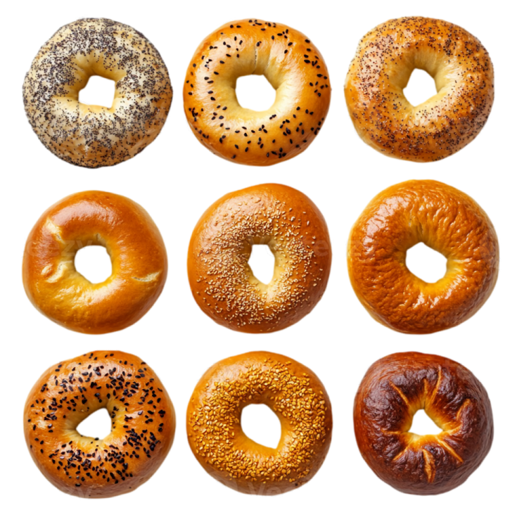 different types of bagels on white background
