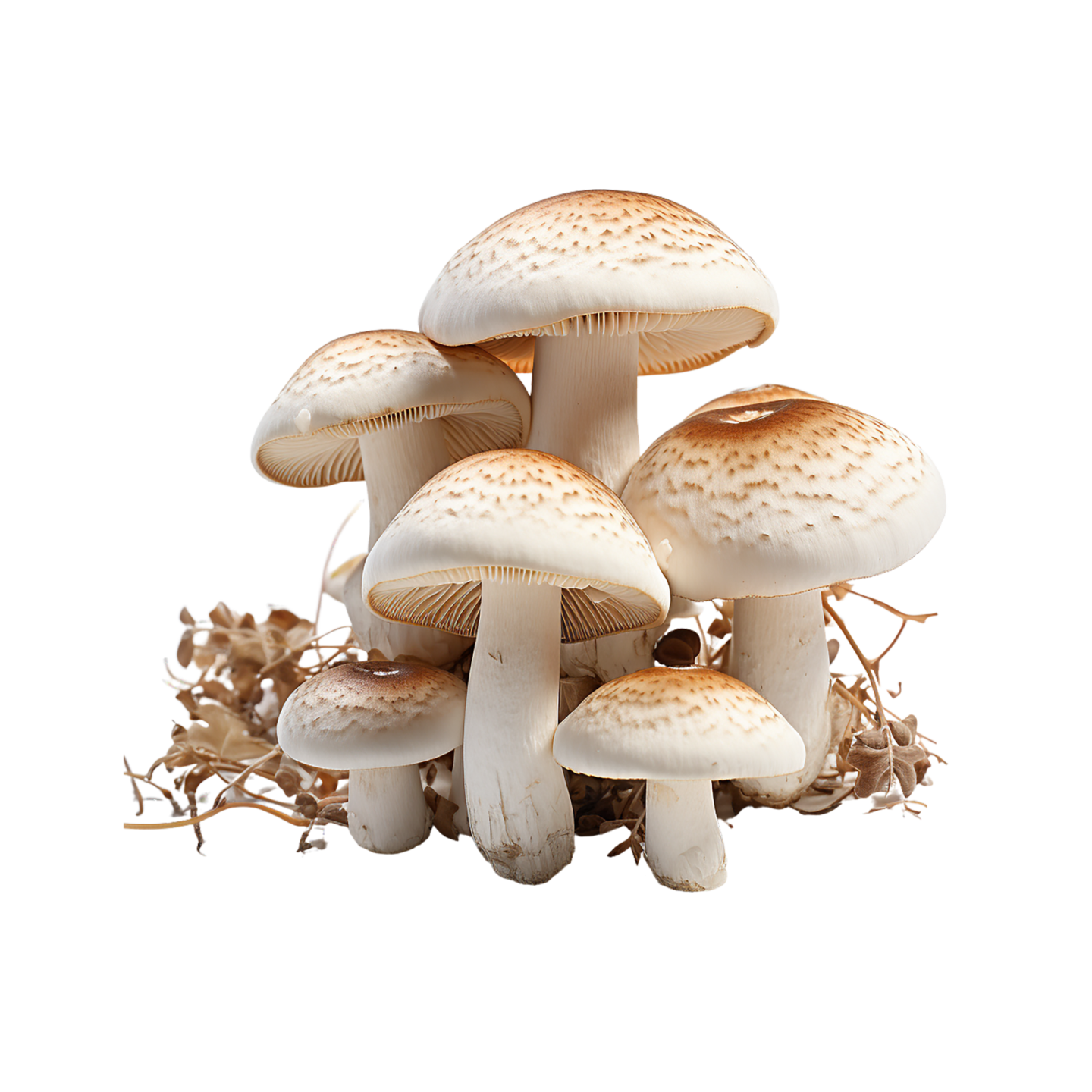 a pile of mushrooms on a white background