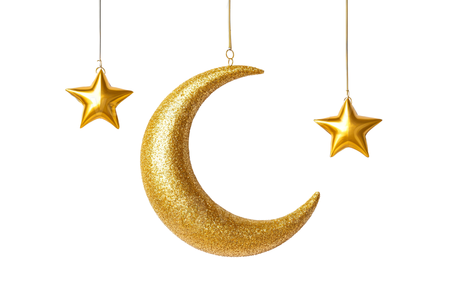 a gold crescent with stars hanging from it
