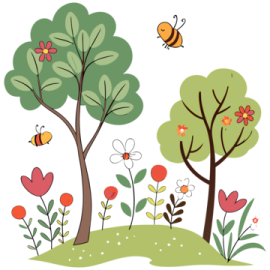 an illustration of two trees and a bee