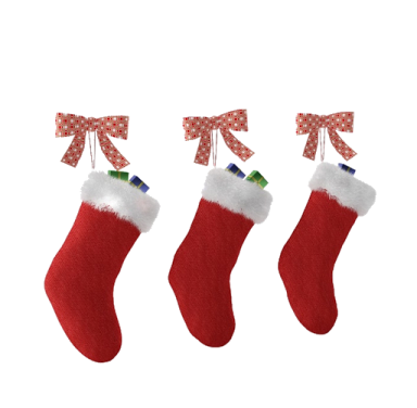 three red christmas stockings hanging on a white background