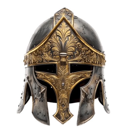 a gold and silver helmet