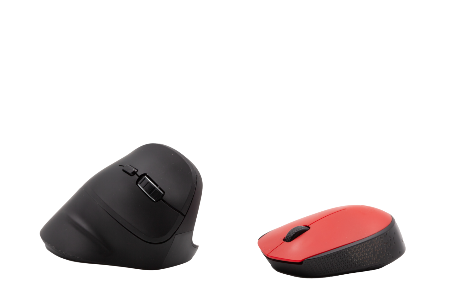 a red and black computer mouse on a white background