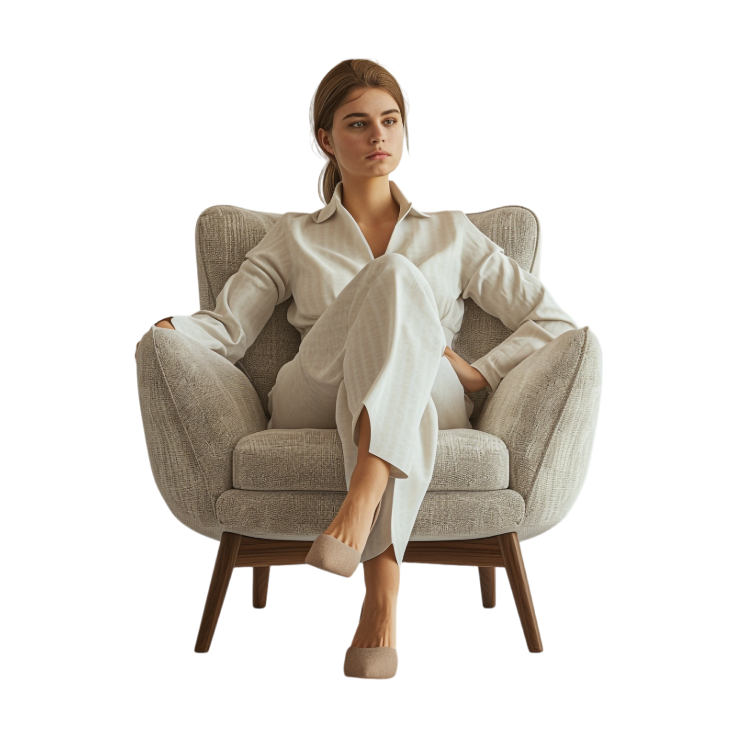 a woman sitting in a chair with her legs crossed