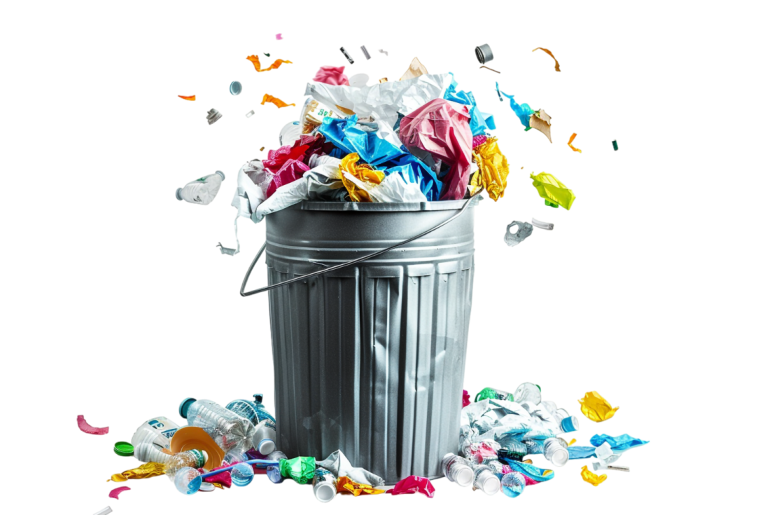 a trash can filled with crumpled paper