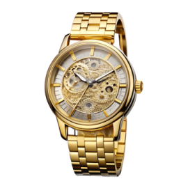 a gold watch with a white dial
