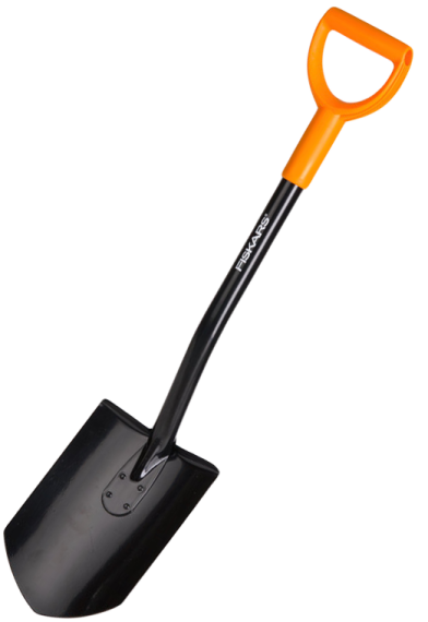 a black shovel with an orange handle