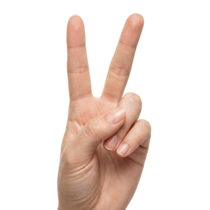 a person's hand making the peace sign