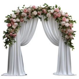 a white wedding arch with pink roses and greene