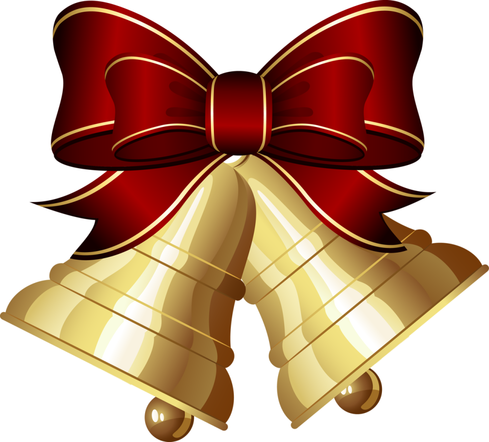 a red and gold bell with a bow