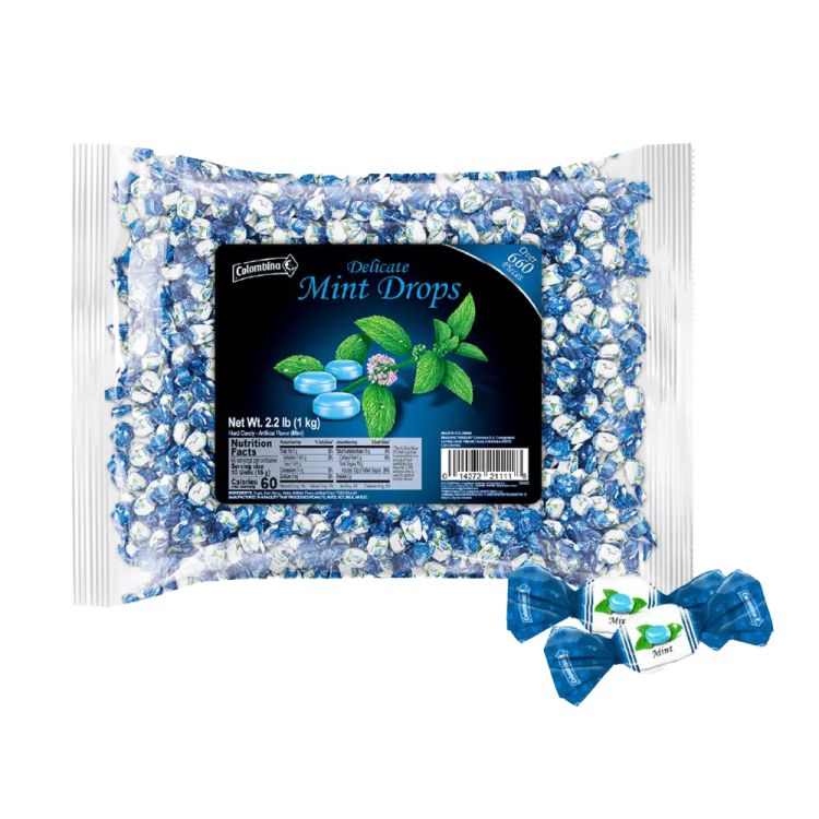 a bag of blue and white candy with a bow