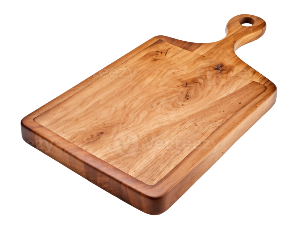 a wooden cutting board on a white background