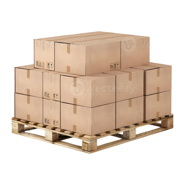 a stack of cardboard boxes on palles