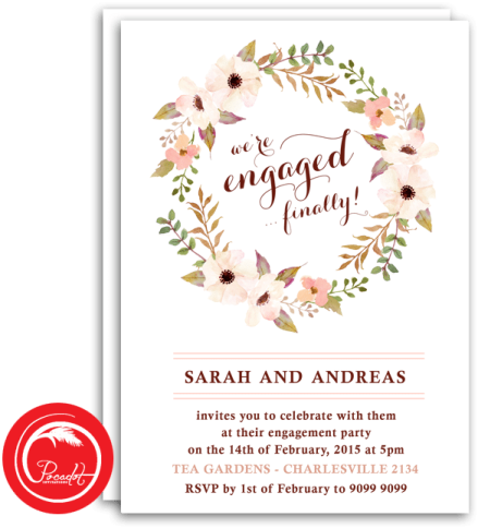 the floral wreath engagement party invitation is shown on a white background