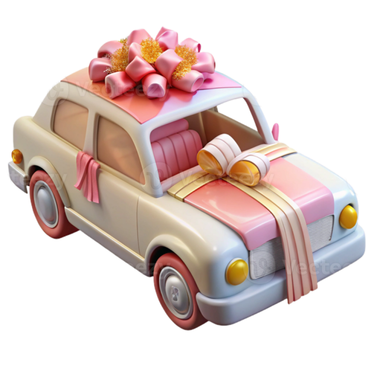 a small toy car with a pink bow on top