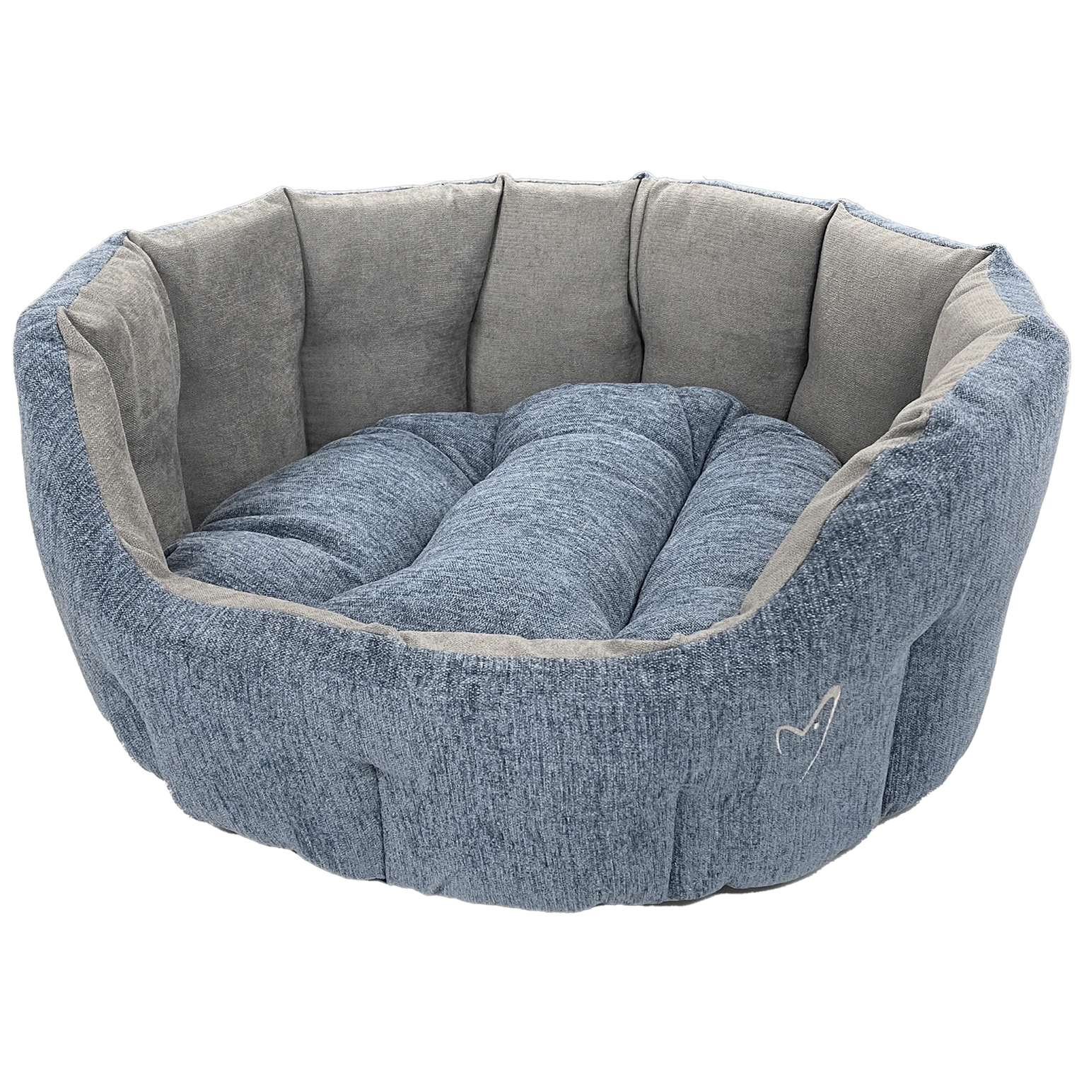 a blue denim dog bed with a white background