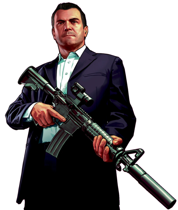 a man in a suit holding a rifle