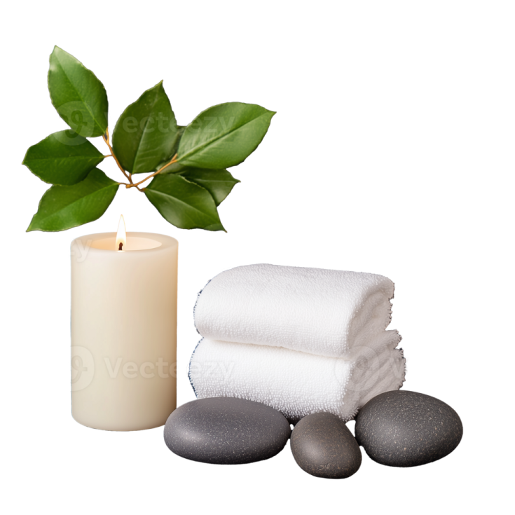 a candle and two towels next to each other items