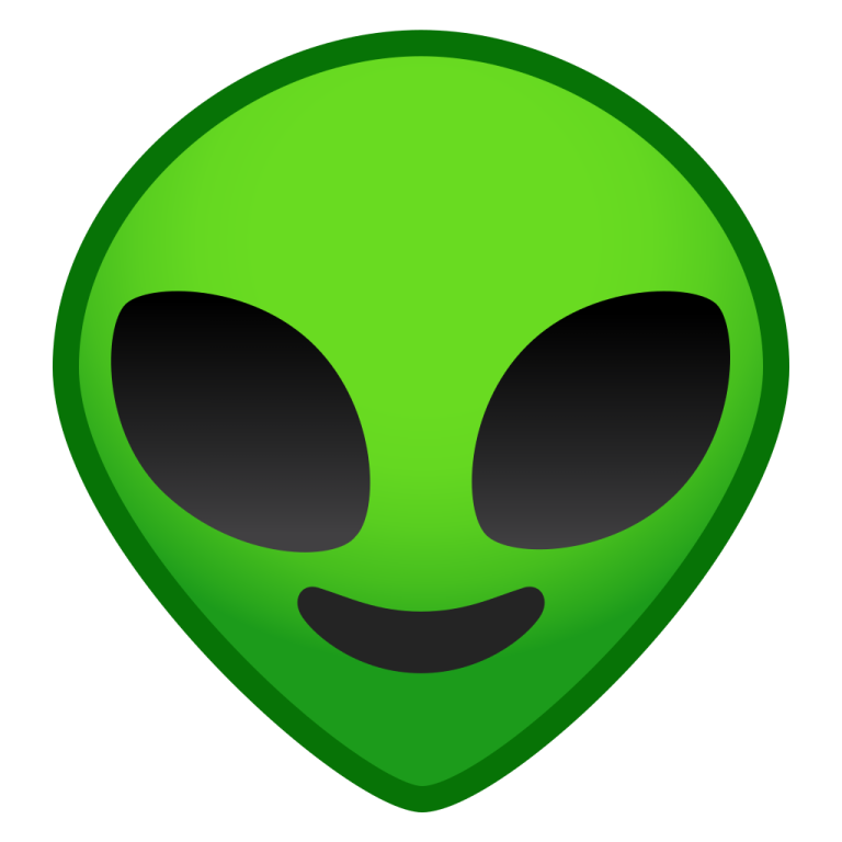 a green alien head with black eyes