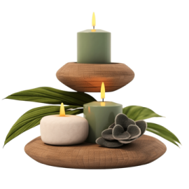 three candles and two stones on a white background