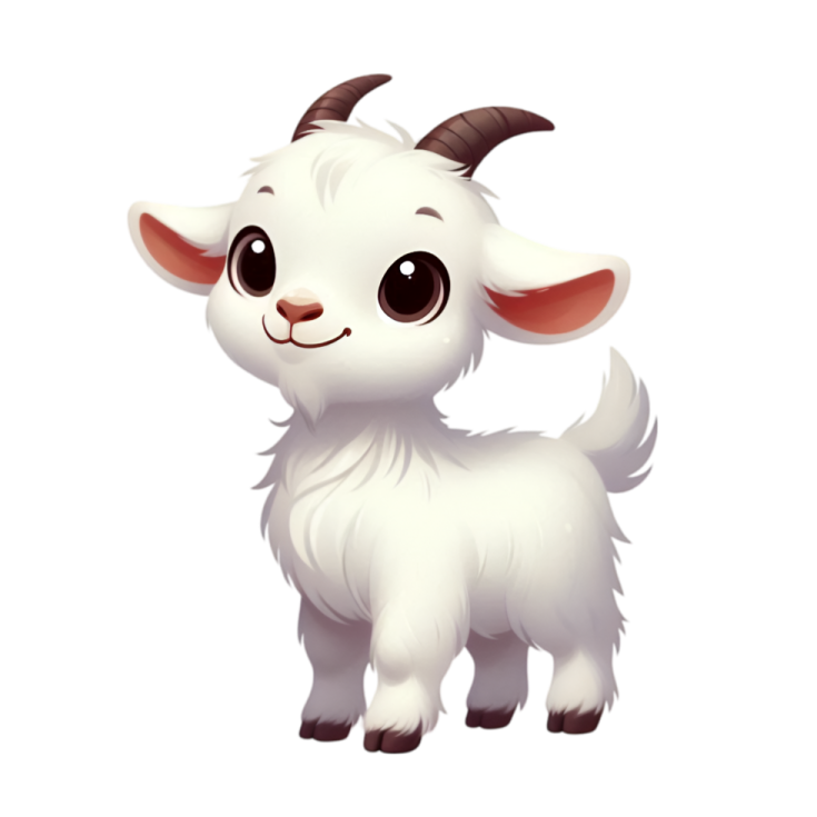 a white goat with brown ears and black eyes